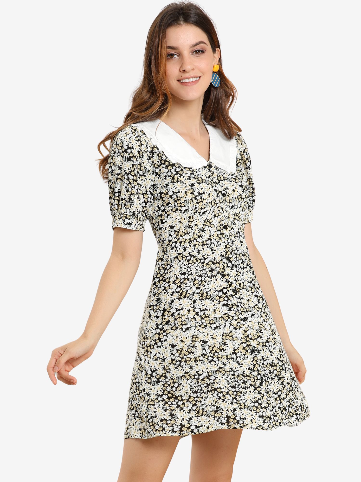 Peter Pan Collar Flowy Short Sleeve Ruffle Summer Floral Shirt Dress Black/XS - Allegra K catalog