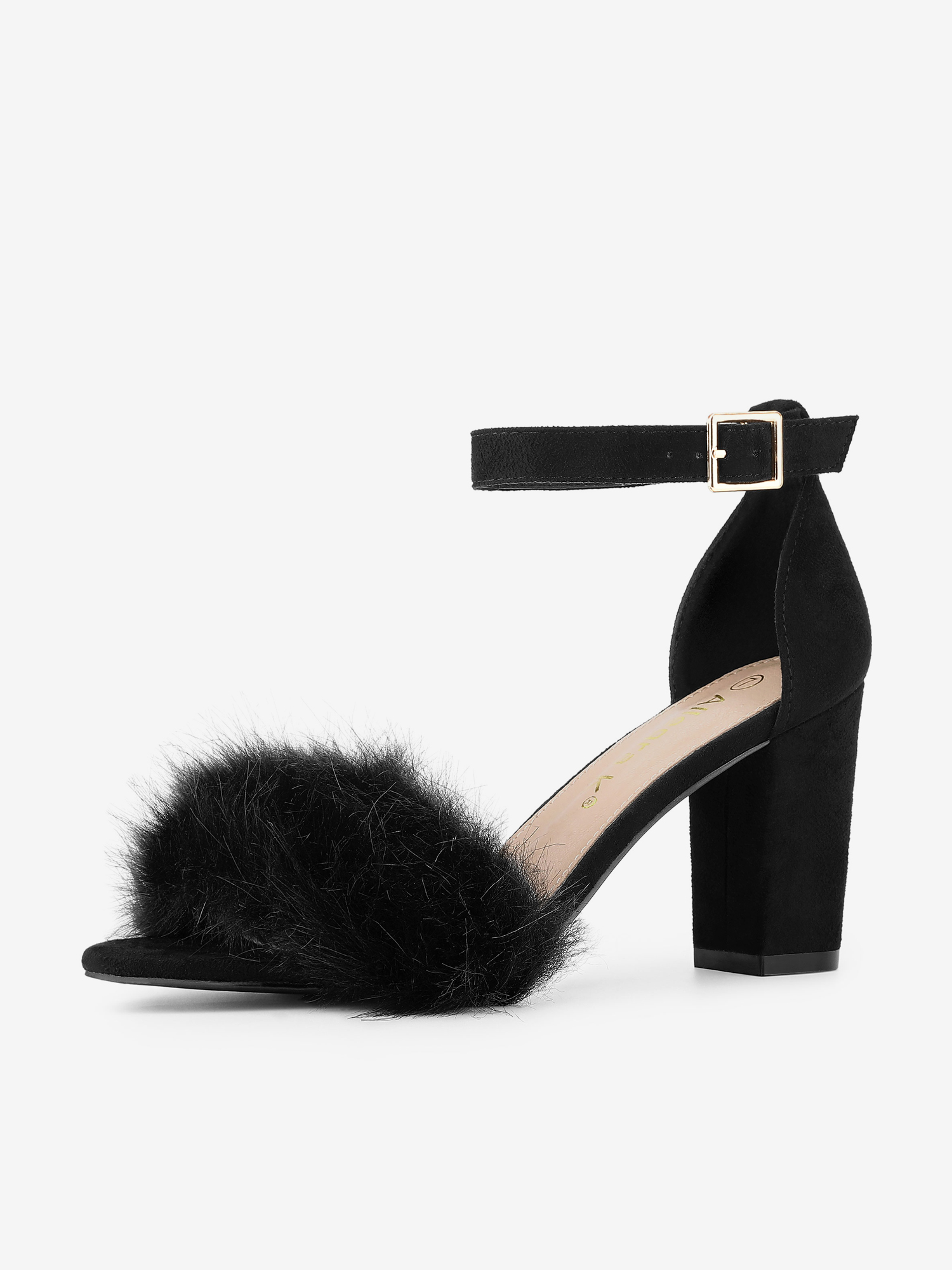 Faux Fur Ankle Strap Block Heel Sandals Black/9 - Allegra K catalog