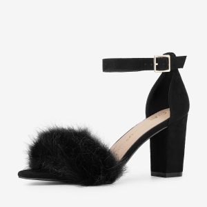 Faux Fur Ankle Strap Block Heel Sandals Black/11 - Allegra K catalog