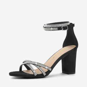 Rhinestones Strappy Chunky Heel Sandals Black/8 - Allegra K catalog