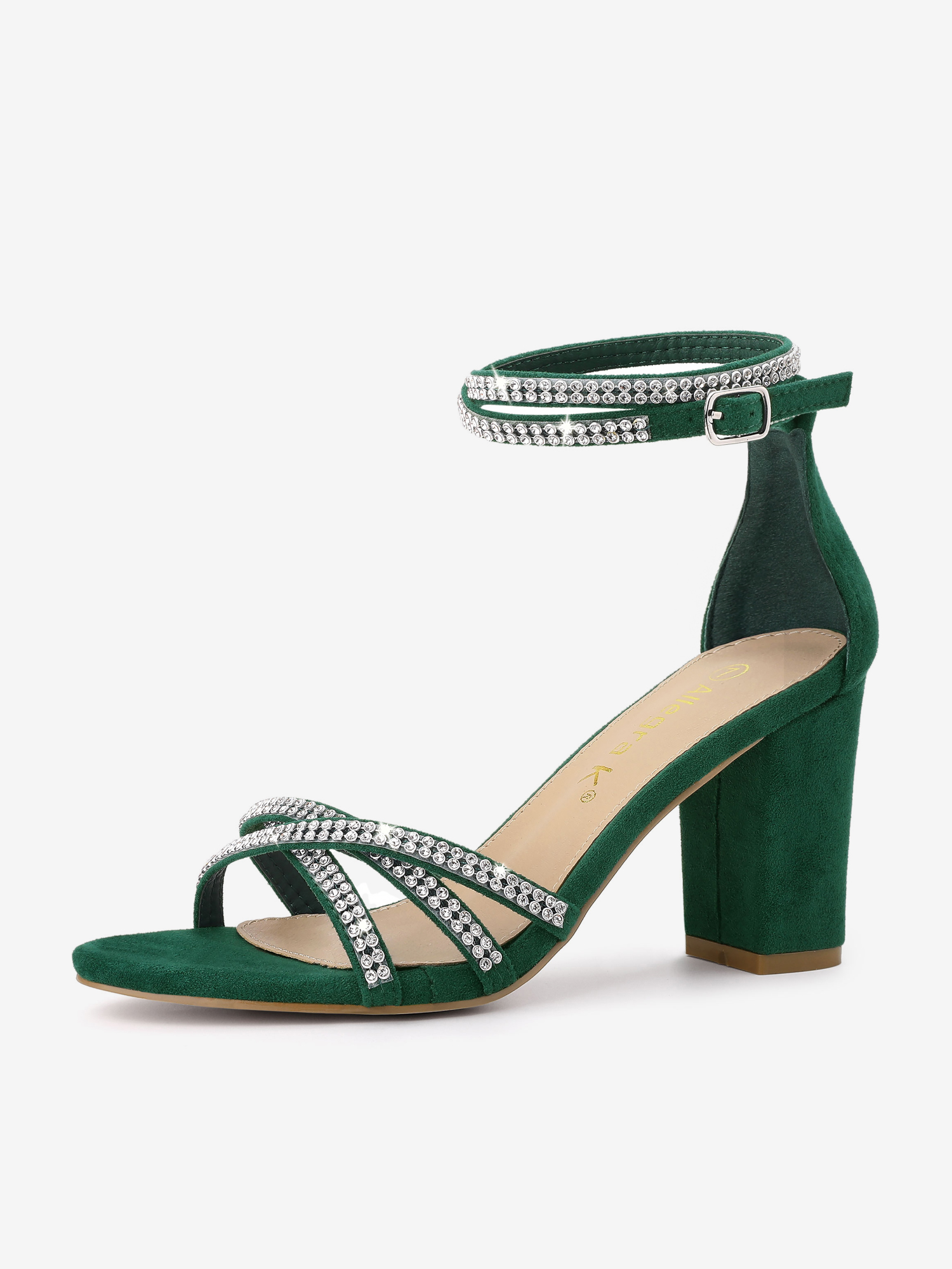 Rhinestones Strappy Chunky Heel Sandals Dark Green/9 - Allegra K catalog