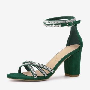 Rhinestones Strappy Chunky Heel Sandals Dark Green/10 - Allegra K catalog