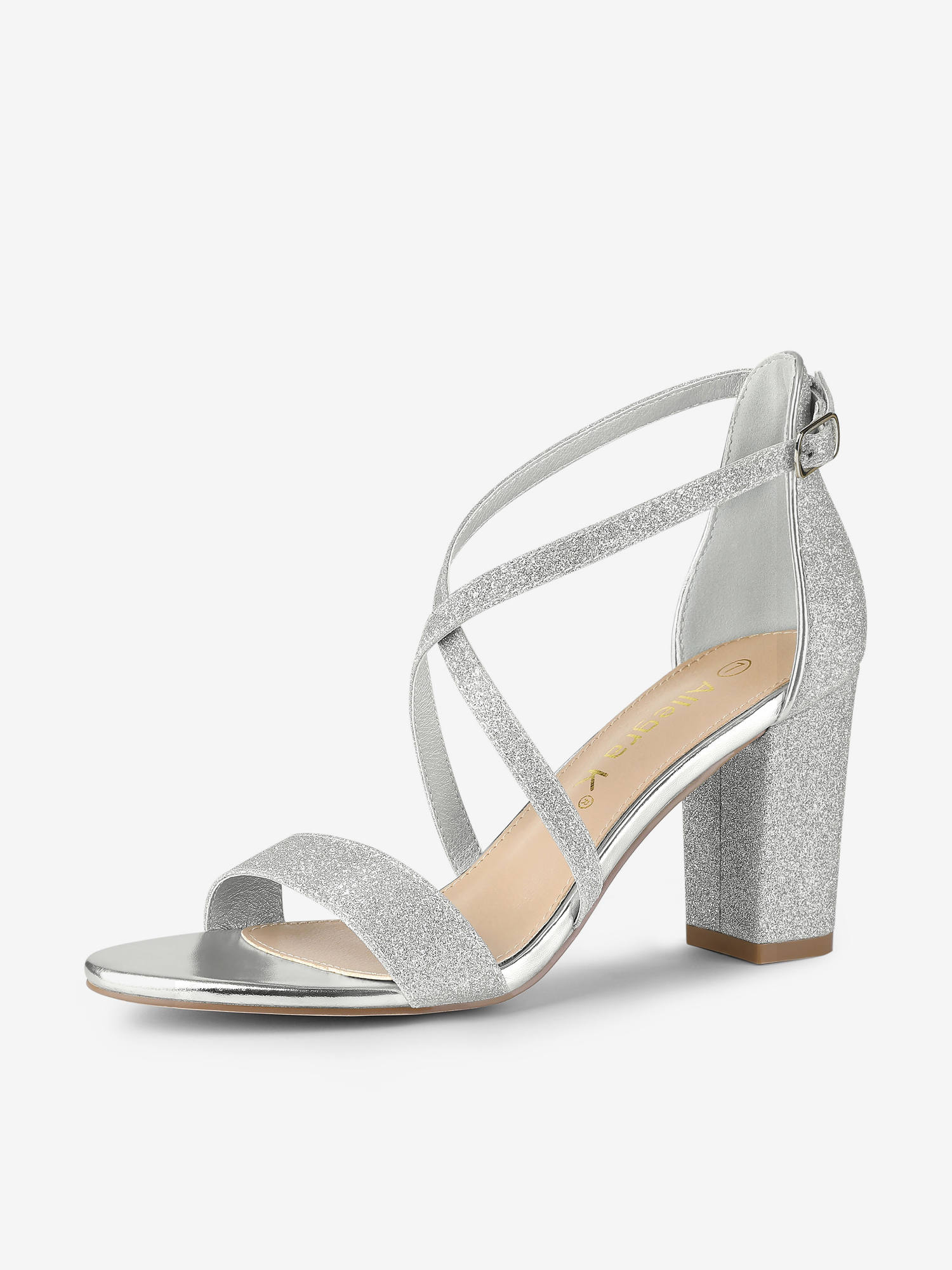 Glitter Crisscross Strap Block Heel Sandals Silver/9 - Allegra K catalog