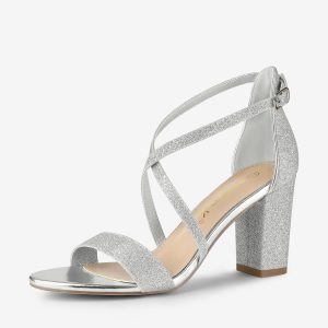 Glitter Crisscross Strap Block Heel Sandals Silver/11 - Allegra K catalog