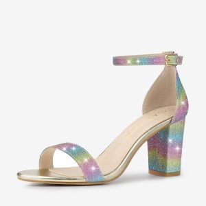 Colorful Gradient Glitter Chunky Heel Ankle Strap Sandals Multi/8.5 - Allegra K catalog