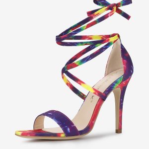 Elegant Open Toe Tie Dye Lace Up Stiletto Heel Sandals Purple/7 - Allegra K catalog