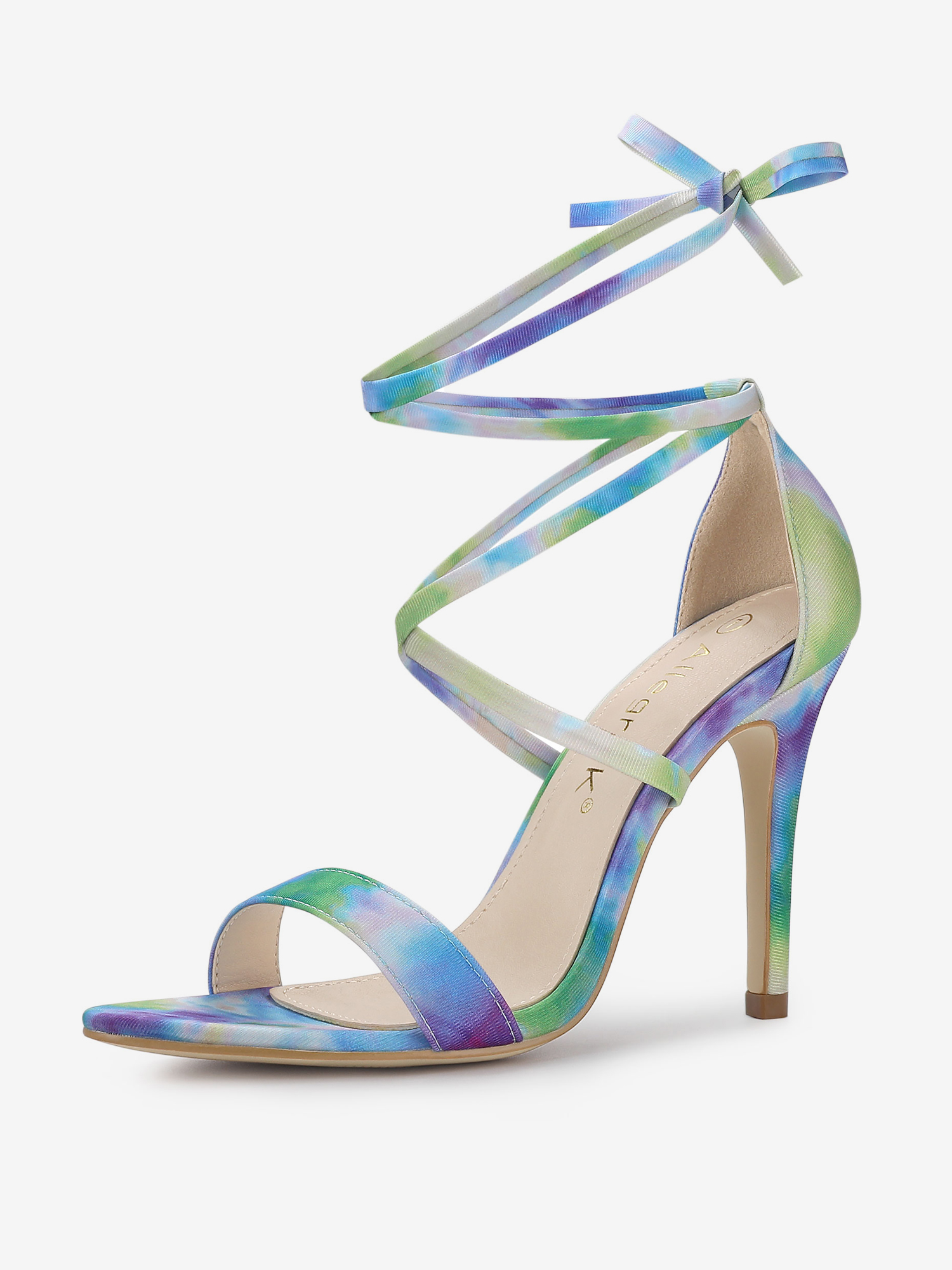 Elegant Open Toe Tie Dye Lace Up Stiletto Heel Sandals Green Blue/6 - Allegra K catalog