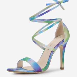 Elegant Open Toe Tie Dye Lace Up Stiletto Heel Sandals Green Blue/7.5 - Allegra K catalog