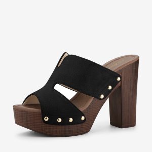 Faux Suede Platform High Block Heel Slides Sandals Black/5.5 - Allegra K catalog