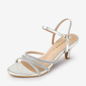 Ankle Strap Rhinestone Round Toe Kitten Heel Sandals Silver/9.5 - Allegra K catalog