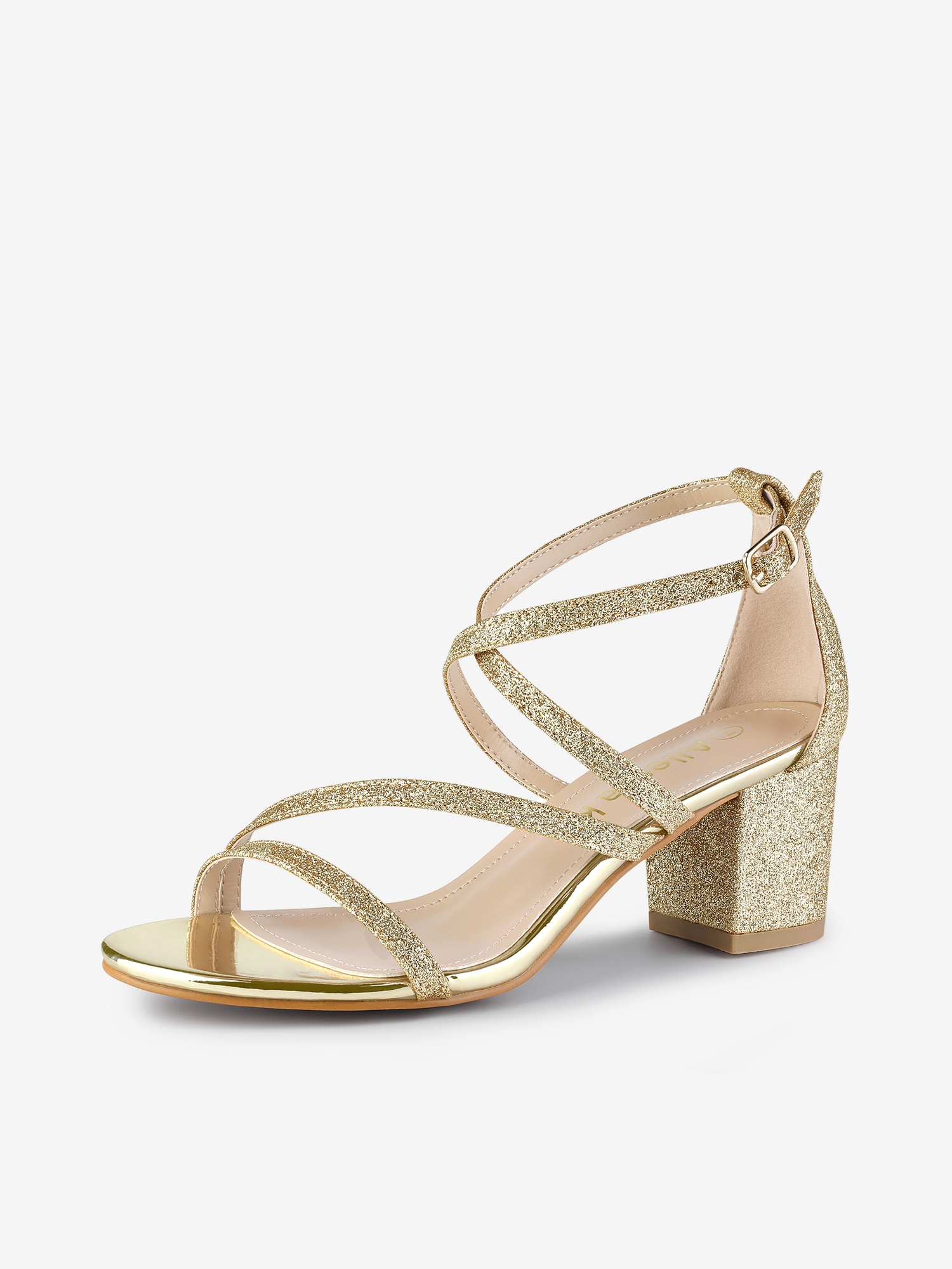 Glitter Crisscross Strap Chunky Heel Sandals Gold/6 - Allegra K catalog