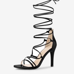 Strappy Straps Lace Up Stiletto Heel Sandals Black/10 - Allegra K catalog