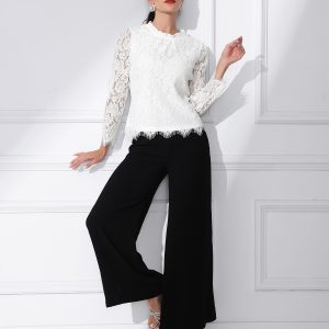 Lace Long Sleeve Ruffle Stand Neck Floral Blouse White/L - Allegra K catalog