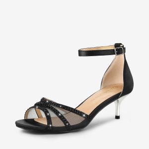 Satin Rhinestone Mesh Kitten Heel Ankle Strap Sandals Black/6 - Allegra K catalog