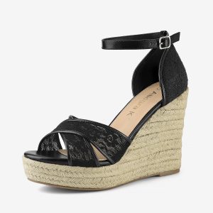 Lace Strapy Round Toe Espadrilles Wedges Sandals Black/9 - Allegra K catalog