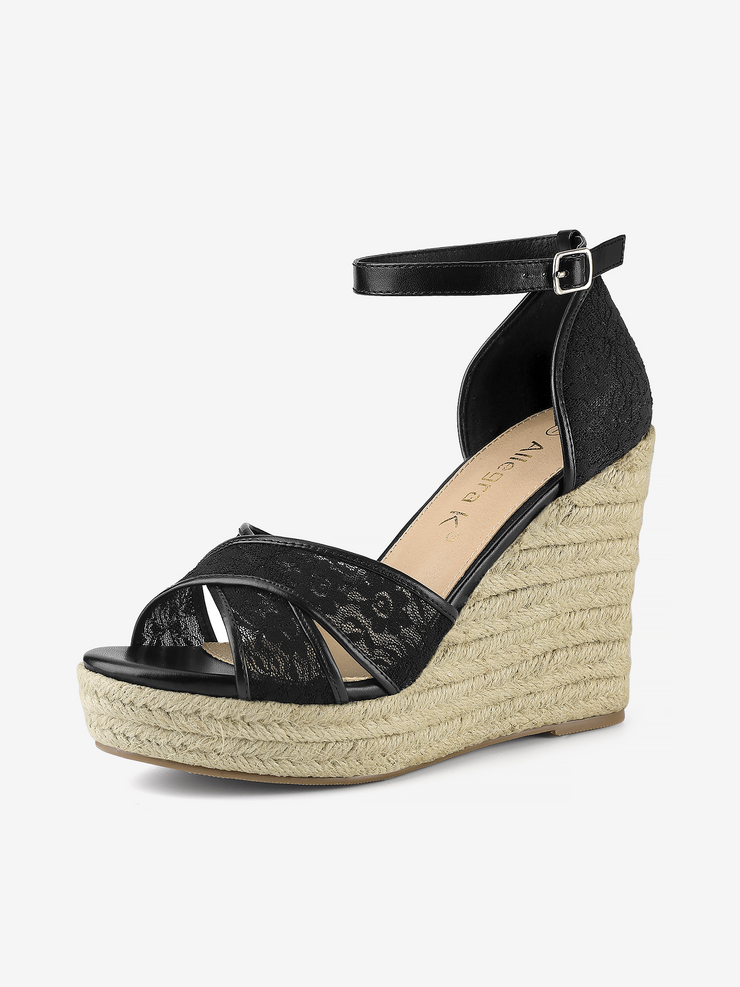 Lace Strapy Round Toe Espadrilles Wedges Sandals Black/9 - Allegra K catalog