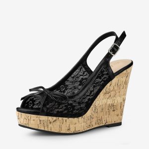 Lace Open Toe Platform Wedge Heel Bow Decor Sandals Black/5.5 - Allegra K catalog