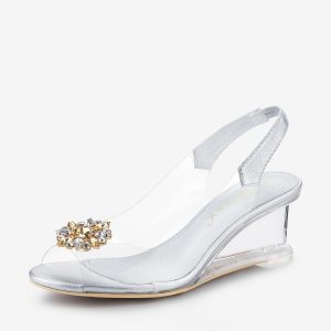 Clear Slingback Wedges Rhinestone Transparent Peep Toe Heel Silver/11 - Allegra K catalog