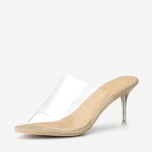 Clear Strap Open Toe Slip On Stiletto Heel Slide Sandals Beige/8 - Allegra K catalog