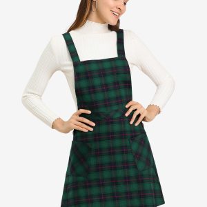 Plaid Tartan Button Decor A-Line Pinafore Overall Dress Green/S - Allegra K catalog