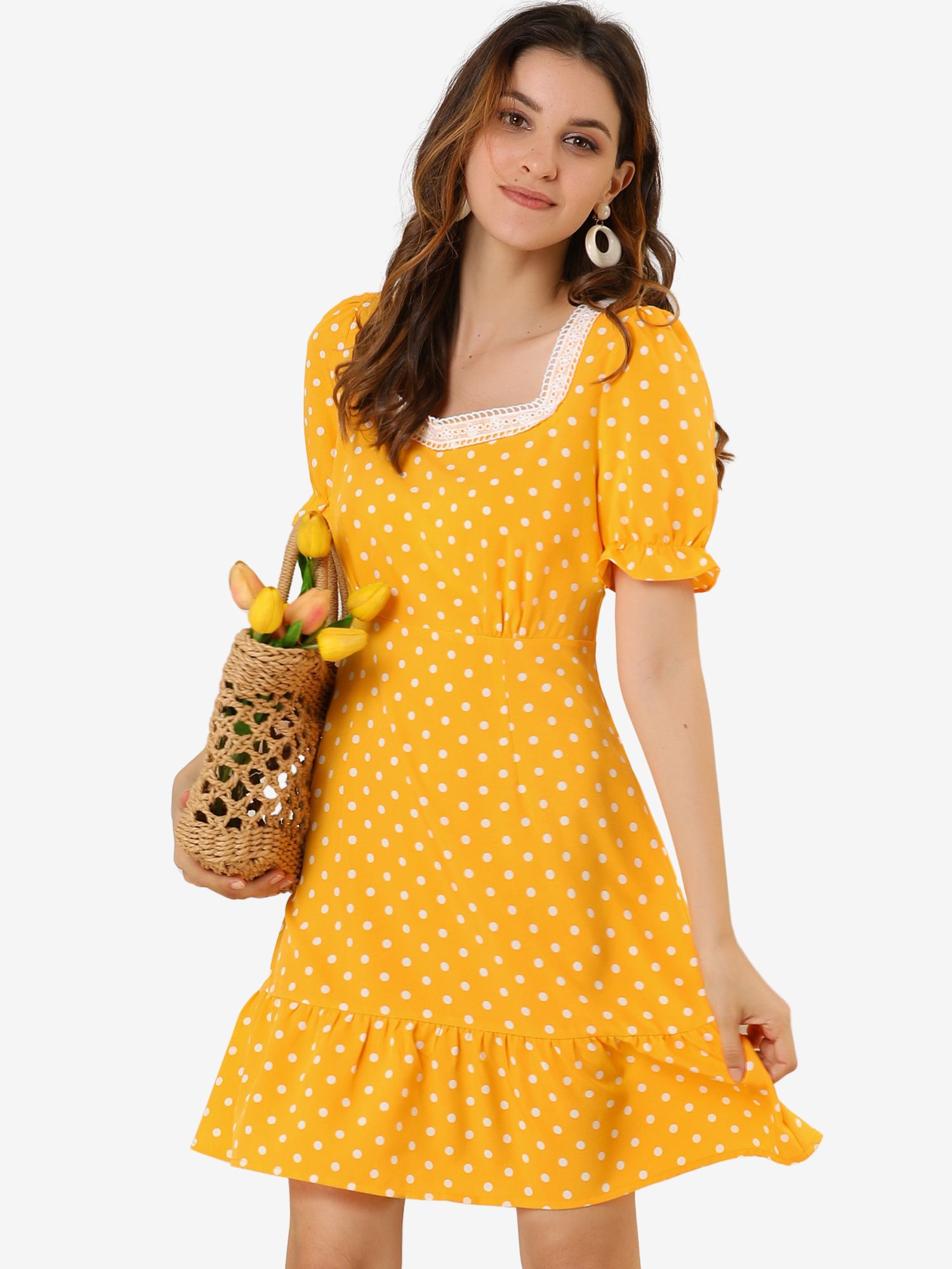 Summer Sweetheart Neck Ruffled Hem Puff Short Sleeve Polka Dots Dress Yellow/M - Allegra K catalog