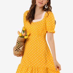 Summer Sweetheart Neck Ruffled Hem Puff Short Sleeve Polka Dots Dress Yellow/XL - Allegra K catalog
