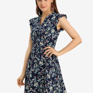 Flutter Sleeve Ruffle A-Line Flowy Chiffon Dress Blue/XL - Allegra K catalog