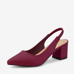 Faux Suede Pointed Toe Block Heel Slingback Pumps Burgundy/9.5 - Allegra K catalog
