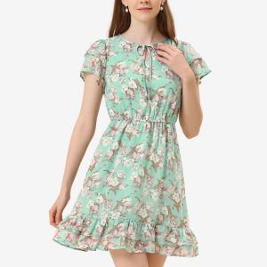 Ruffle Sleeve V Neck Above Knee A-Line Floral Chiffon Dress Green/XL - Allegra K catalog