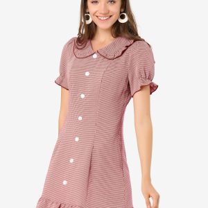 Plaid Gingham Ruffled Retro Peter Pan Collar Dress Pink/M - Allegra K catalog