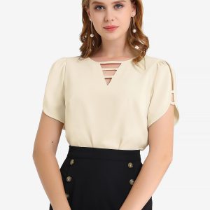 Cutout Round Neck Cap Sleeve Casual Top Ivory/S - Allegra K catalog