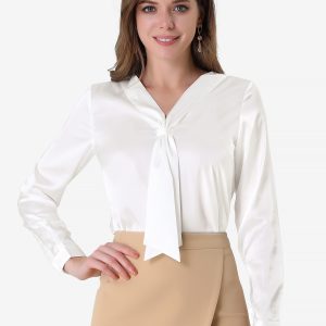 Satin Tie Neck Long Sleeve Solid Color Elegant Office Work Shirt Top White/M - Allegra K catalog