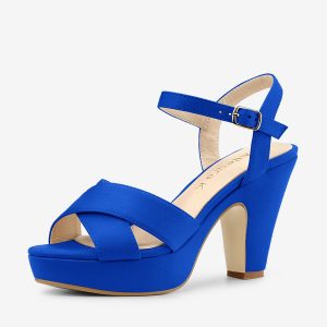 Platform Chunky Heel Ankle Strap Slingback Sandals Deep Blue/9 - Allegra K catalog
