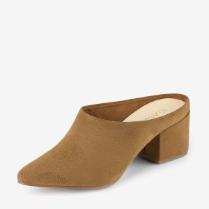 Faux Suede Pointed Toe Slip On Block Heel Slide Mules Brown/8.5 - Allegra K catalog