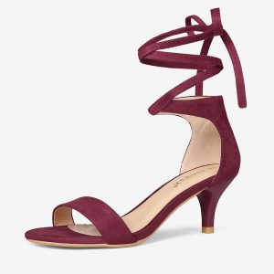 Faux Suede Open Toe Kitten Heel Lace Up Sandals Burgundy/6 - Allegra K catalog