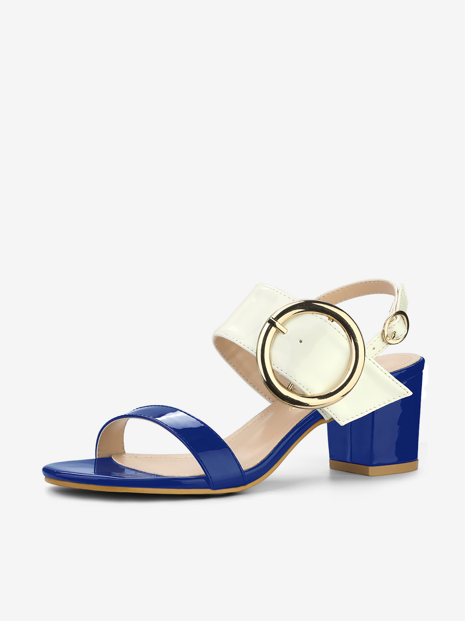 Dual Straps Buckle Decor Slingback Block High Heel Sandals Blue White/8 - Allegra K catalog