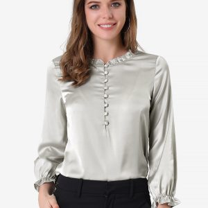 Ruffle Neck Bubble Sleeve Elastic Cuff Button Satin Blouse Gray/XL - Allegra K catalog