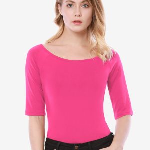 Scoop Neck Half Sleeves Fitted Layering Soft T-Shirt Hot Pink/S - Allegra K catalog