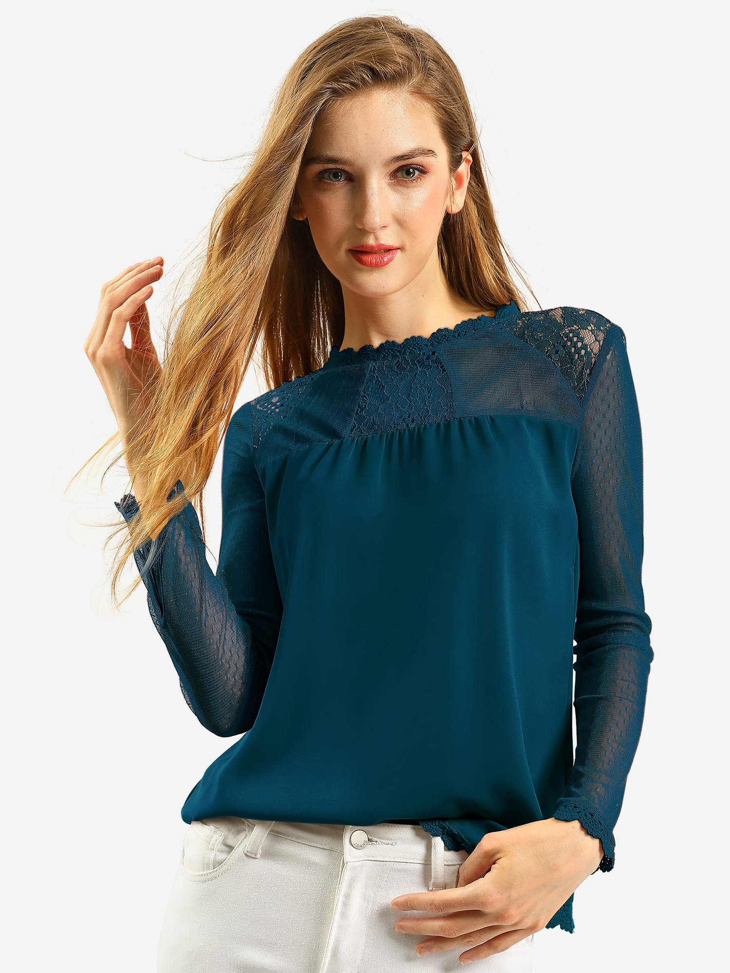 Lace Mesh Long Sleeve Top Round Neck Casual Elegant Blouse Dark Blue/XS - Allegra K catalog