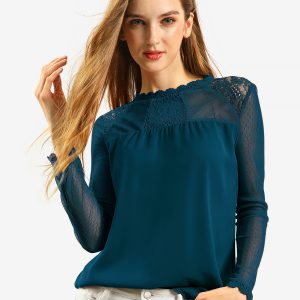 Lace Mesh Long Sleeve Top Round Neck Casual Elegant Blouse Dark Blue/S - Allegra K catalog