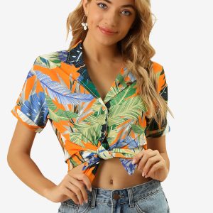 Hawaiian Floral Leaves Tropical Button Down Shirt Orange/S - Allegra K catalog