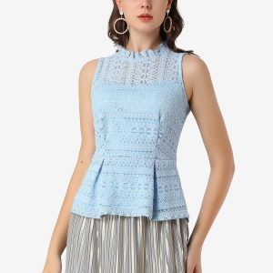 Lace Floral Ruffle Neck Keyhole Back Sleeveless Peplum Top Blue/M - Allegra K catalog