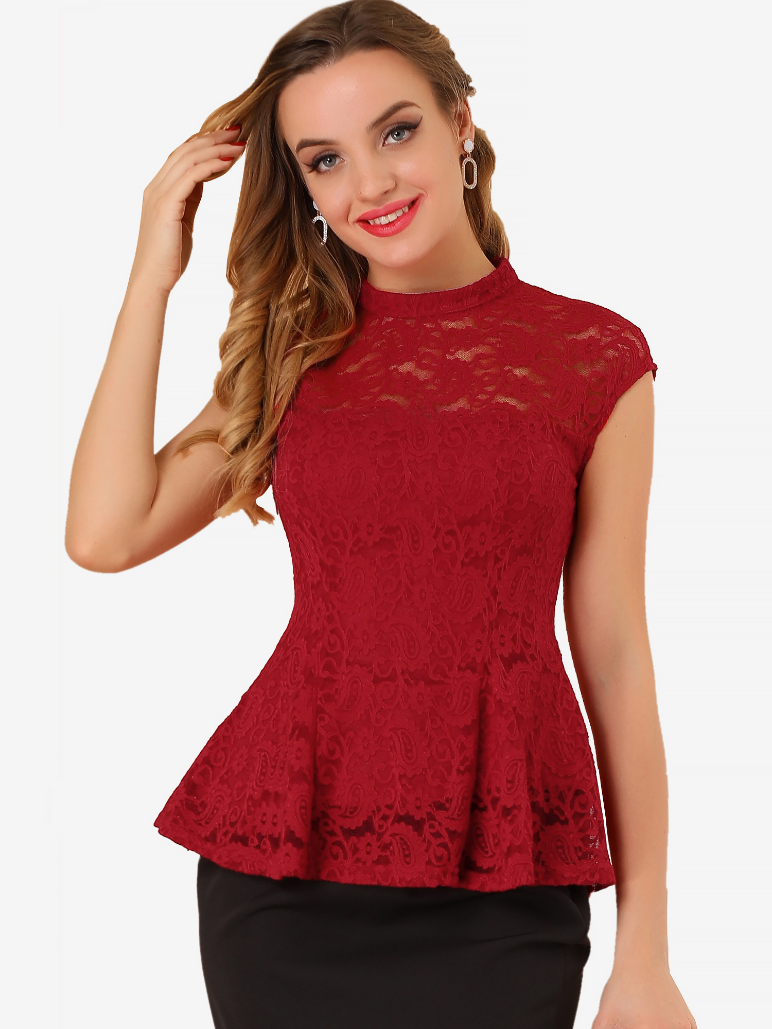Crochet Peplum Floral Mock Neck Cap Sleeve Lace Blouse Red/XS - Allegra K catalog