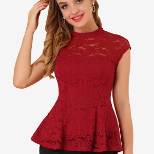 Crochet Peplum Floral Mock Neck Cap Sleeve Lace Blouse Red/S - Allegra K catalog