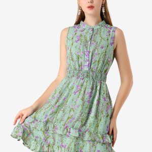 Floral A-line Smocked Waist Tiered Ruffled Chiffon Mini Dress Green/L - Allegra K catalog