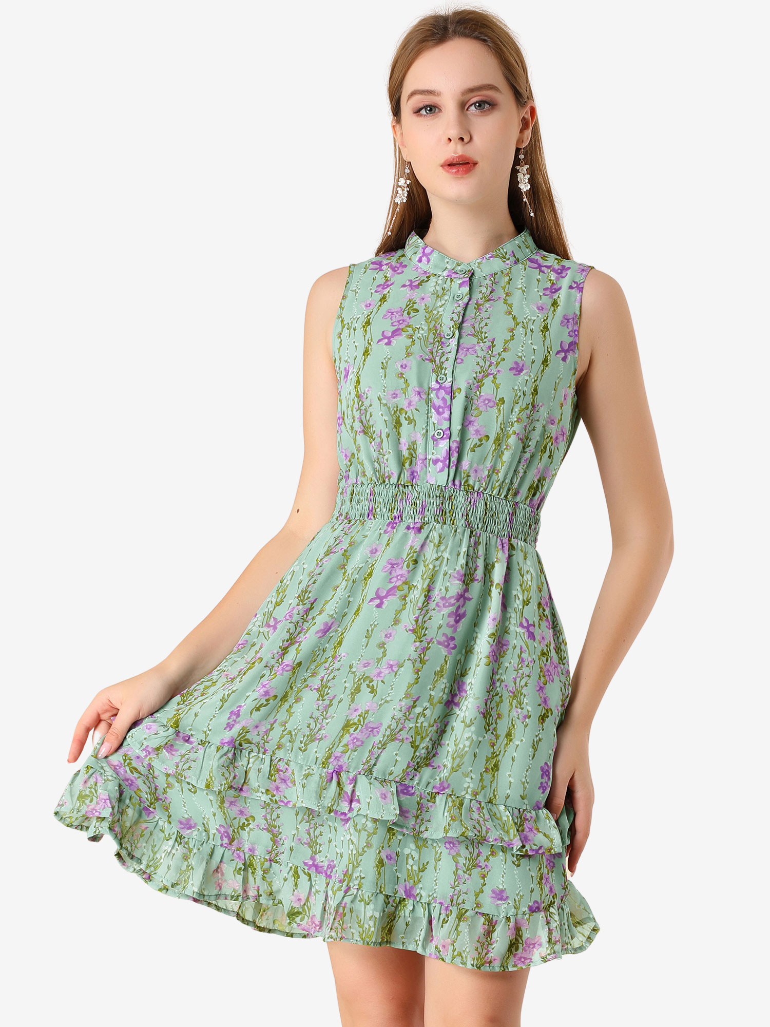 Floral A-line Smocked Waist Tiered Ruffled Chiffon Mini Dress Green/L - Allegra K catalog
