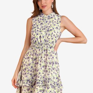 Floral A-line Smocked Waist Tiered Ruffled Chiffon Mini Dress Yellow Purple/XL - Allegra K catalog
