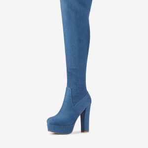 Faux Suede Platform Block Heel Over Knee High Boots Denim Blue/7.5 - Allegra K catalog