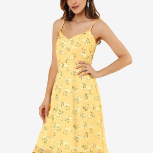 Spaghetti Strap Dress A-Line Smocked Beach Summer Floral Sundress Yellow/M - Allegra K catalog