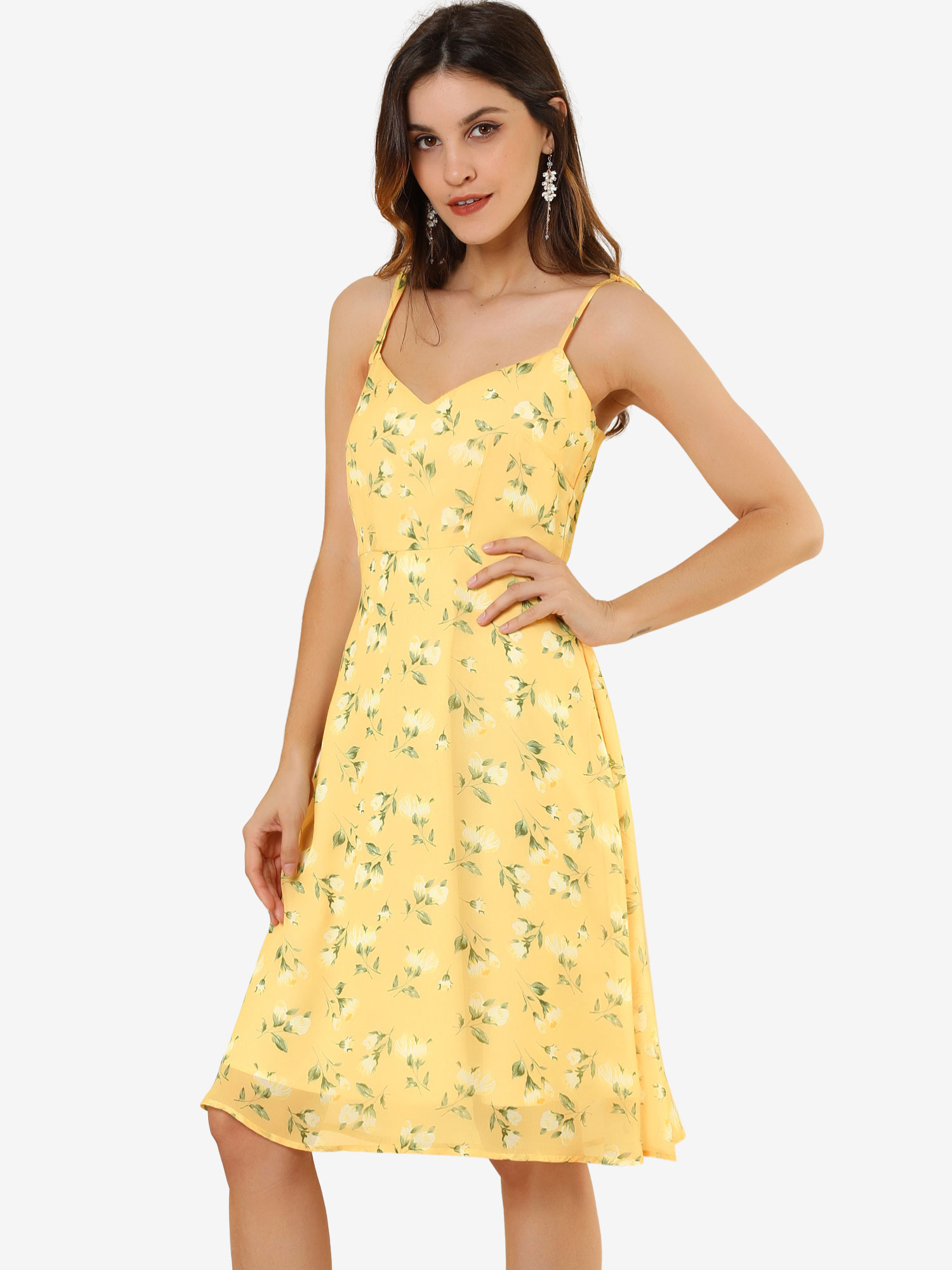 Spaghetti Strap Dress A-Line Smocked Beach Summer Floral Sundress Yellow/L - Allegra K catalog
